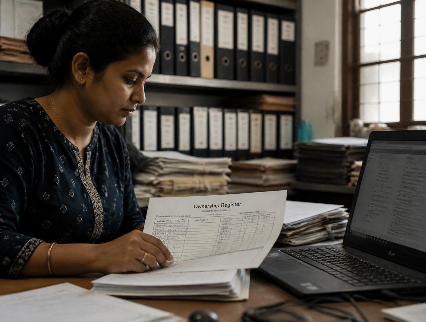 A woman reviewing a paper ownership register at a desk in an archive room lined with binders