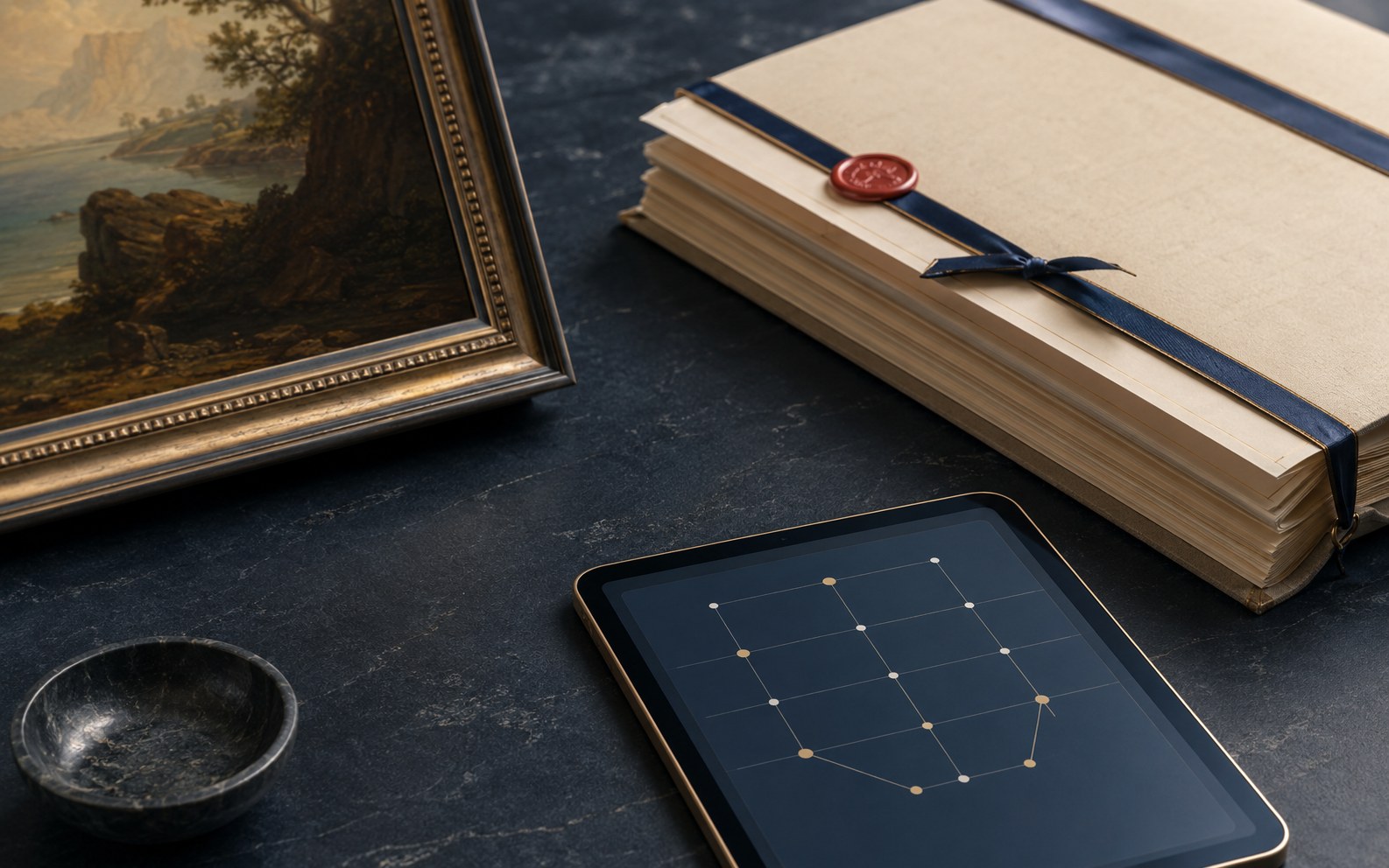 Framed artwork, legal documentation and a digital ledger shown as the three layers of a tokenized real-world asset