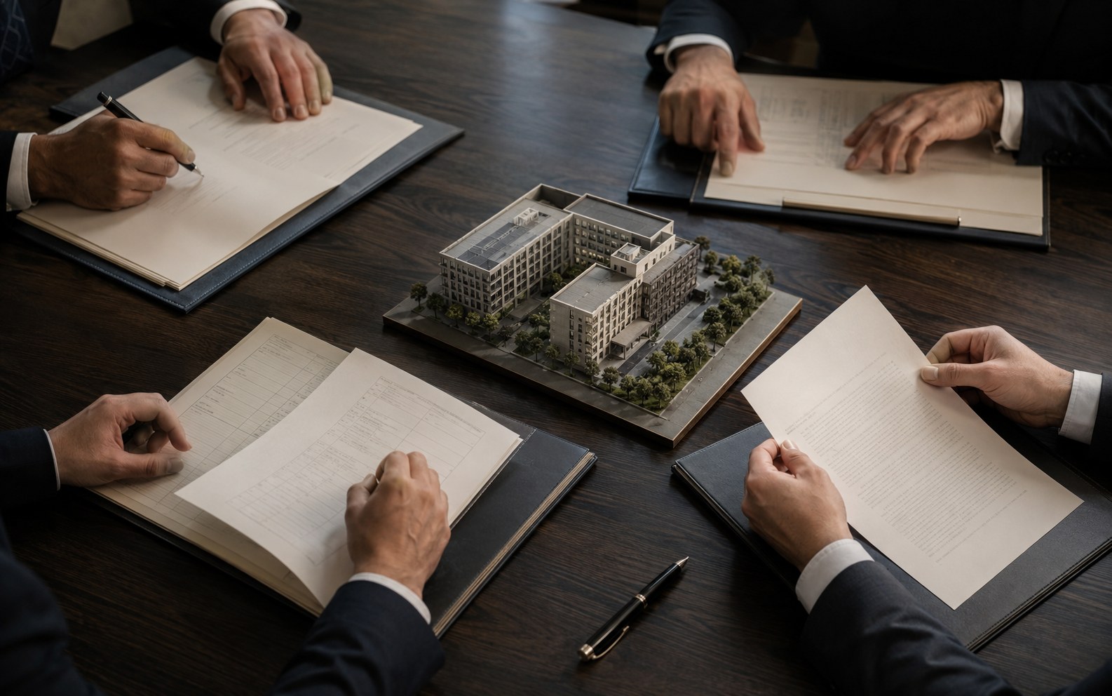 Investors reviewing one identified real-estate transaction around an architectural model and transaction documents