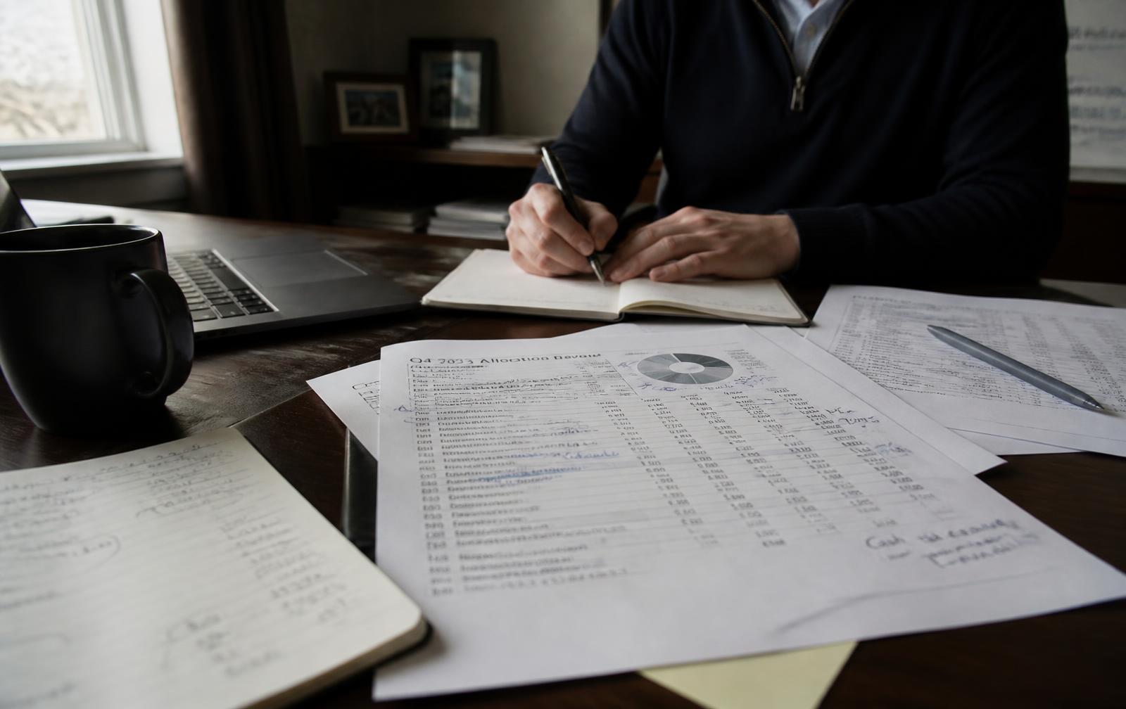 A person signing printed financial documents at a desk beside a laptop and a cup of coffee