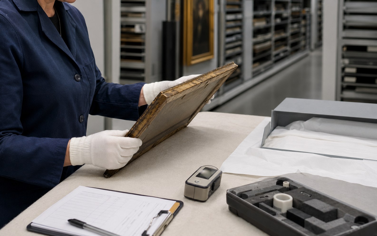Conservator handling a framed artwork in professional collection storage beside condition and environmental-control records