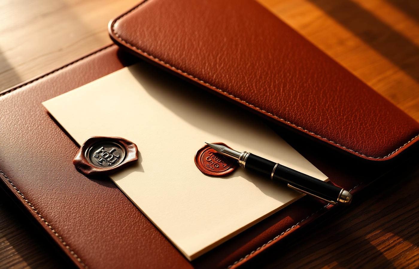 Legal documents and a fountain pen on a desk in natural light